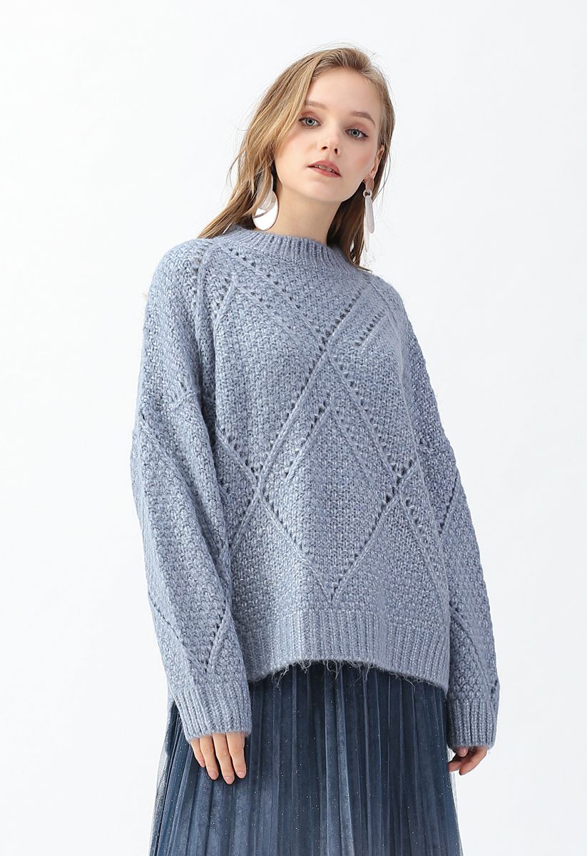 Diamond Hollow Out Oversized Knit Sweater in Blue - Retro, Indie and ...