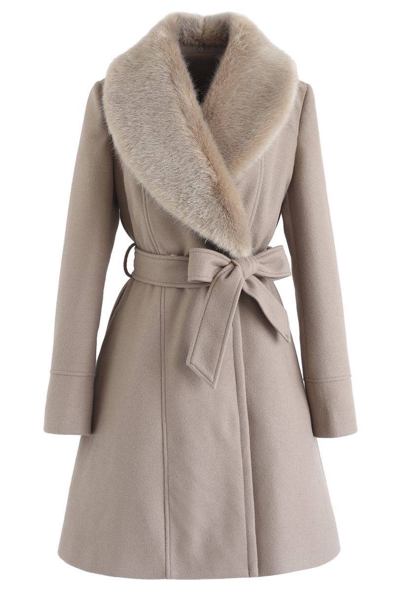 Faux Fur Collar Belted Flare Coat in Taupe - Retro, Indie and Unique Fashion
