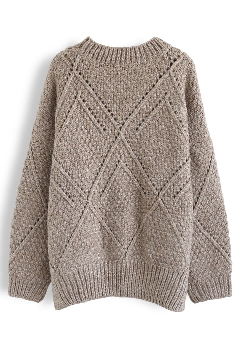 Diamond Hollow Out Oversized Knit Sweater in Taupe - Retro, Indie and ...