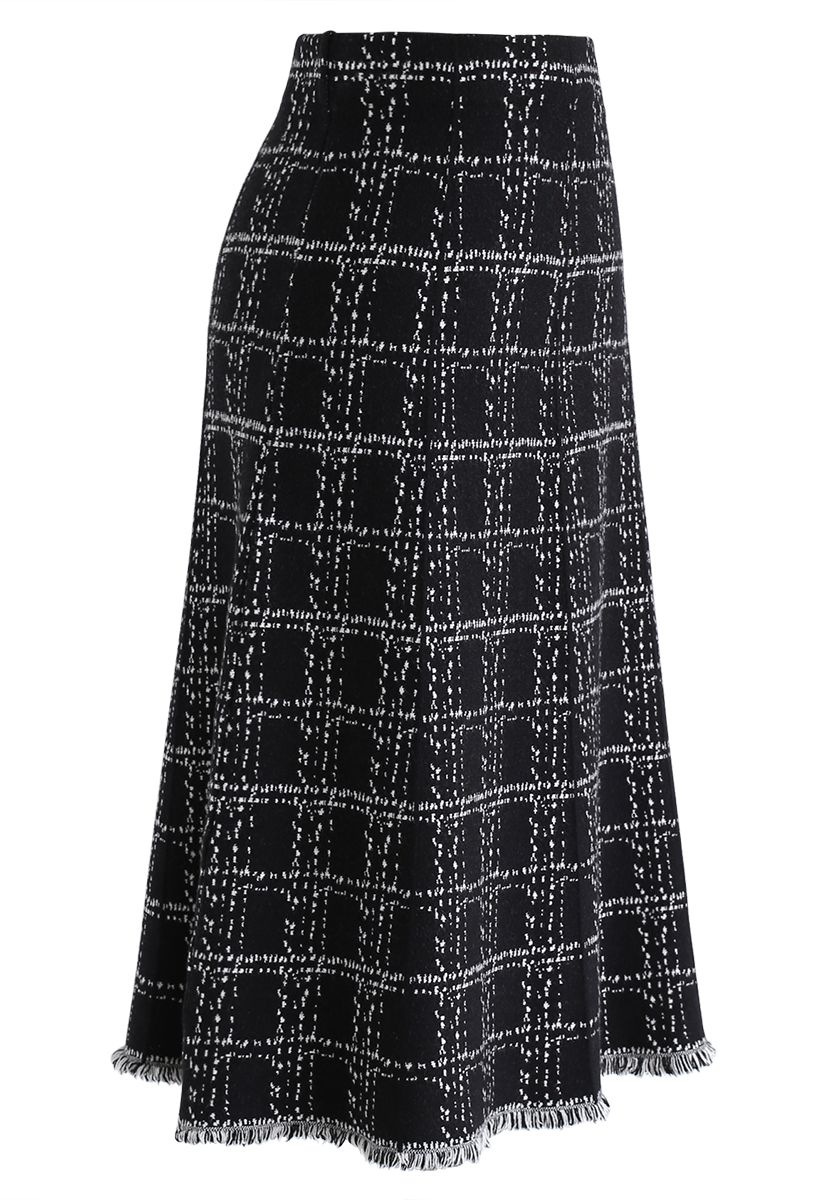Check Tassel Hem Knit Midi Skirt in Black - Retro, Indie and Unique Fashion