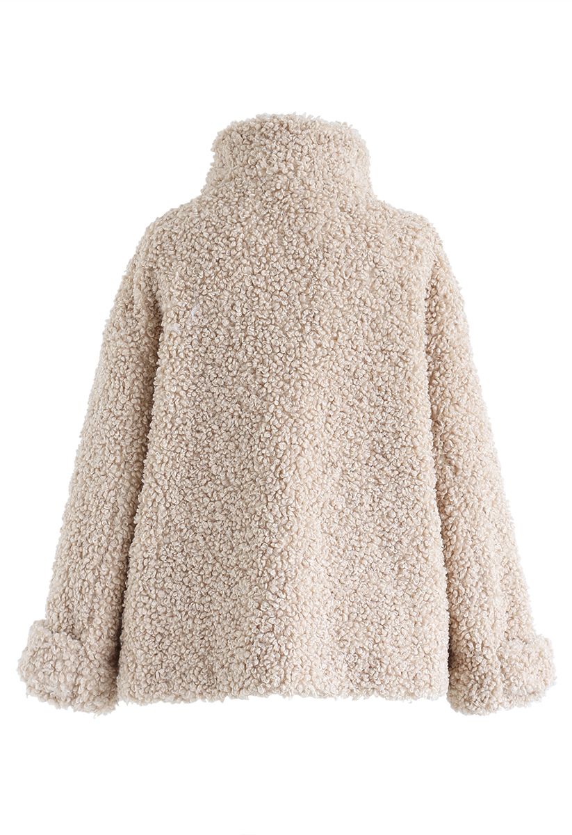Buttoned Pocket Teddy Coat in Sand - Retro, Indie and Unique Fashion