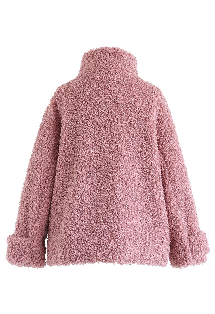 Buttoned Pocket Teddy Coat in Mauve - Retro, Indie and Unique Fashion