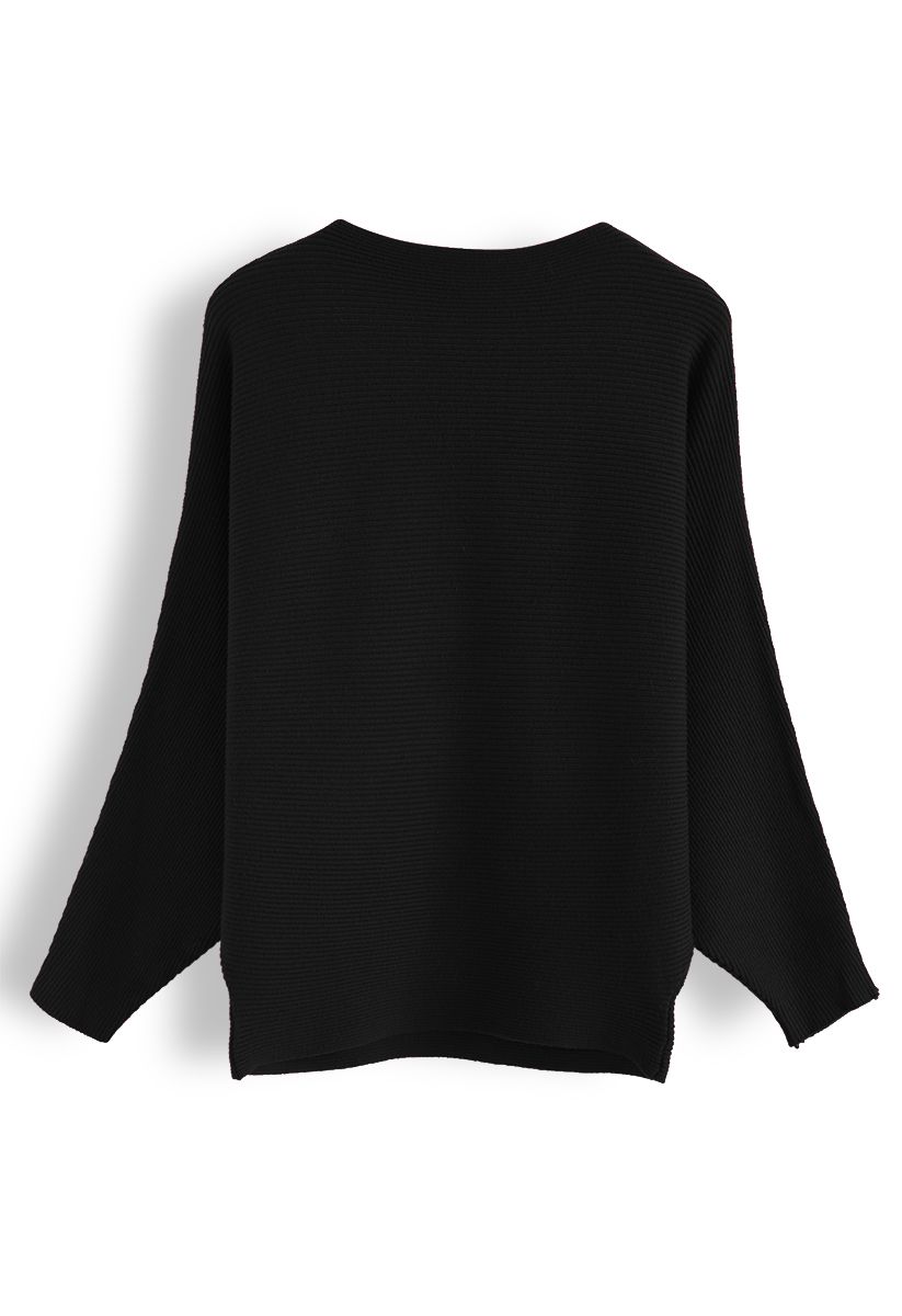 Boat Neck Batwing Sleeves Knit Top in Black - Retro, Indie and Unique ...