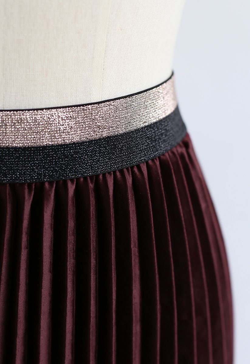 Lacy Embellished Velvet Pleated Skirt in Wine