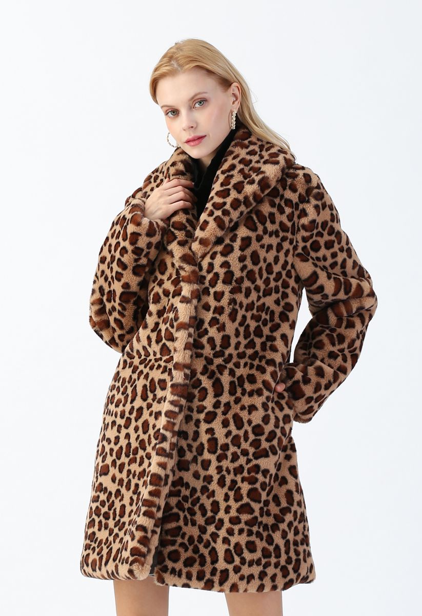 Brown Leopard Faux Fur Longline Coat with Collar - Retro, Indie and ...