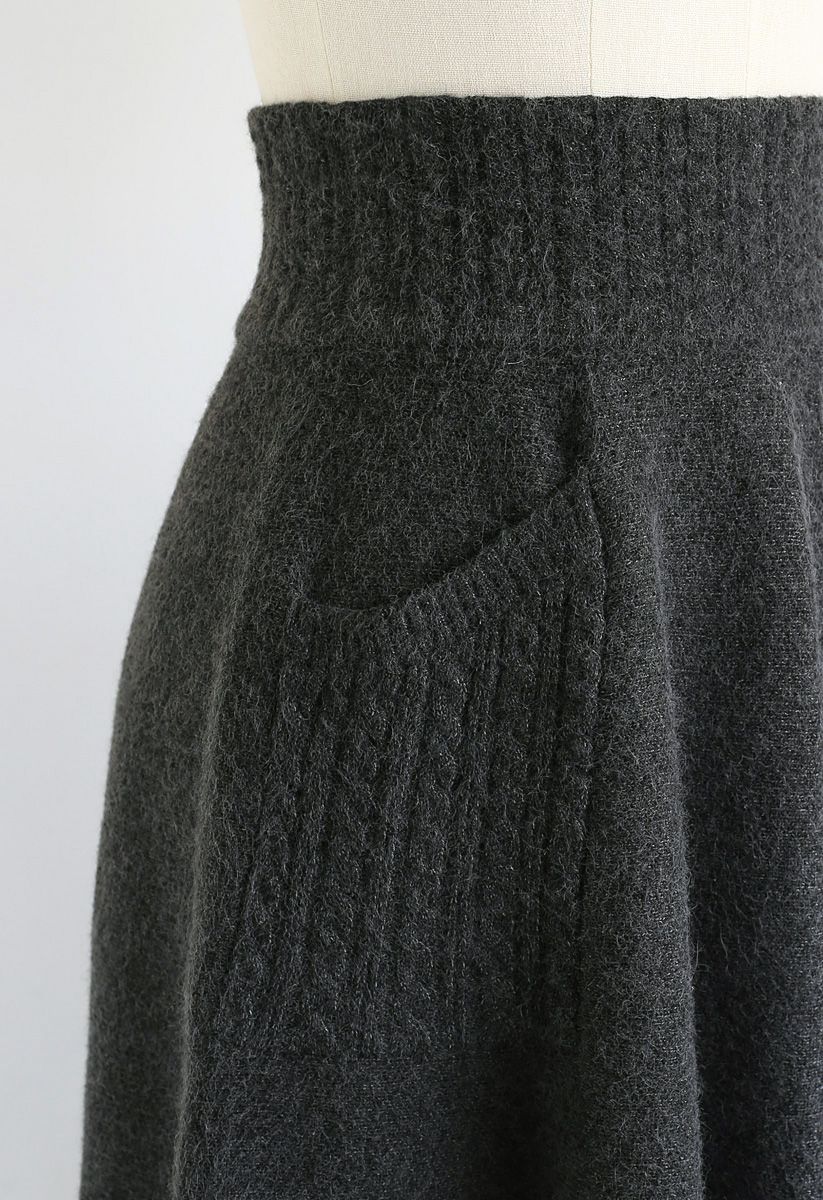 Cable Pockets Knit Midi Skirt in Smoke - Retro, Indie and Unique Fashion