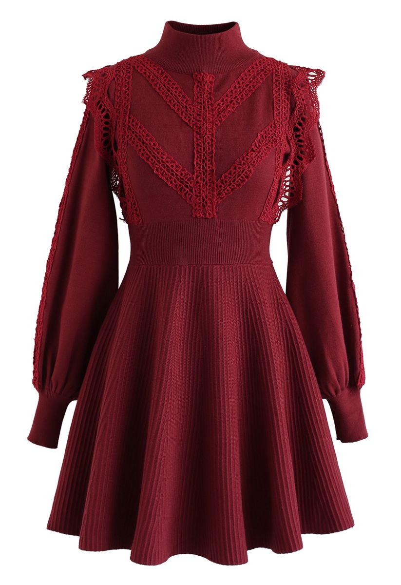Lace Trims Ribbed Skater Knit Dress in Red - Retro, Indie and Unique ...