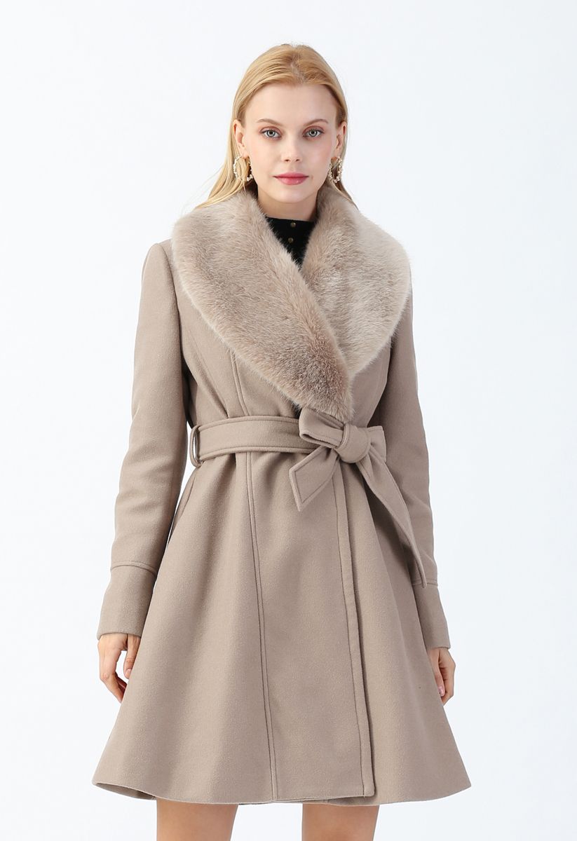 Faux Fur Collar Belted Flare Coat in Taupe - Retro, Indie and Unique ...