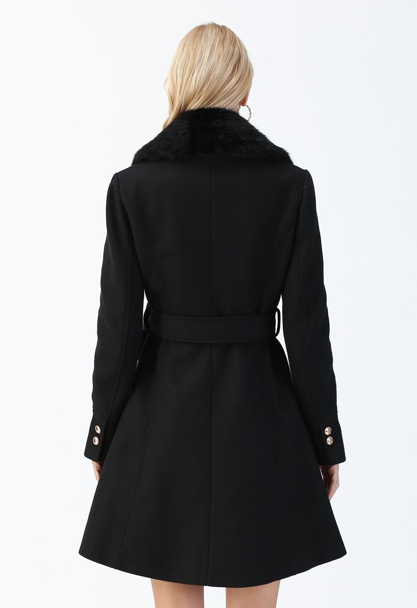 Faux Fur Collar Belted Flare Coat in Black - Retro, Indie and Unique Fashion
