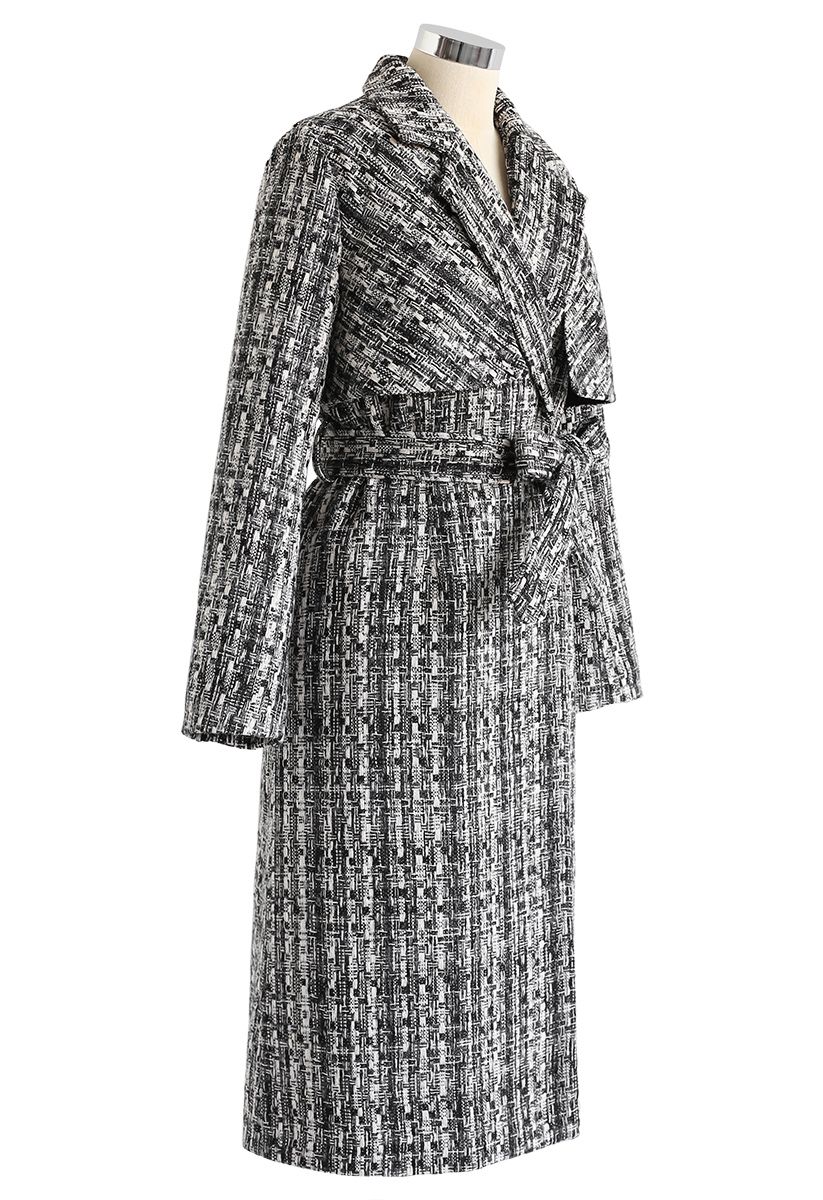 Tweed Buttoned Longline Coat with Belt - Retro, Indie and Unique Fashion