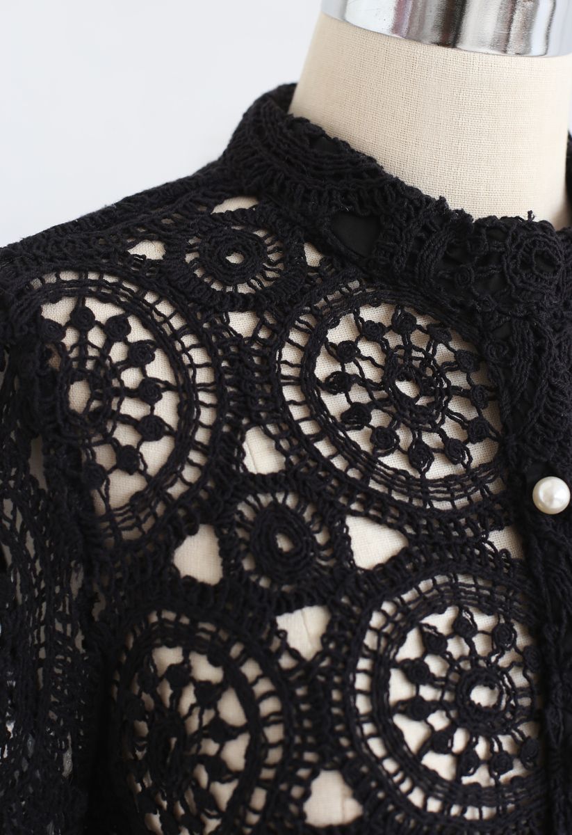 Pearl Buttons Crochet Top in Black