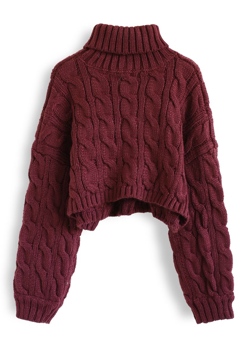 Turtleneck Braid Knit Crop Sweater in Berry - Retro, Indie and Unique ...