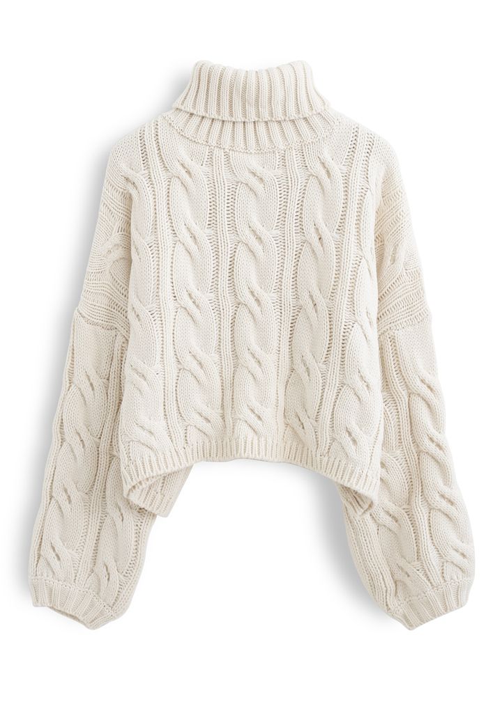 Turtleneck Braid Knit Crop Sweater in Sand - Retro, Indie and Unique ...