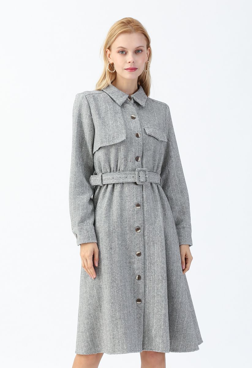 Herringbone Button Down Belted Coat Dress in Grey - Retro, Indie and ...