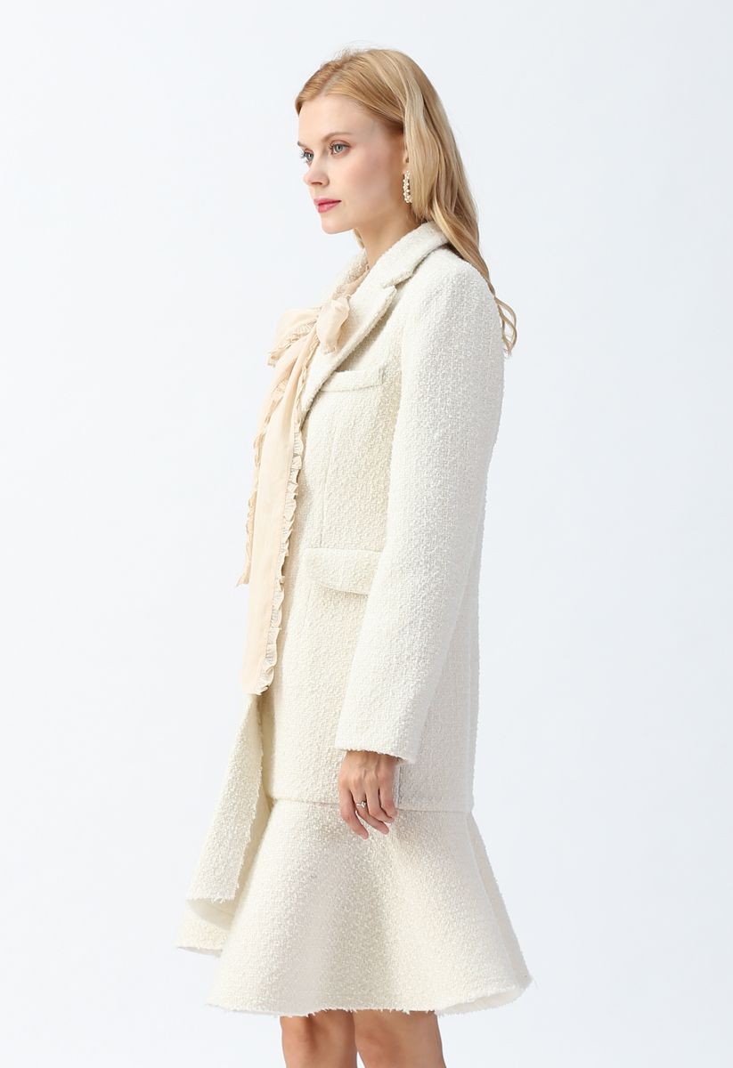 Asymmetric Frill Hem Tweed Coat Dress in White - Retro, Indie and ...