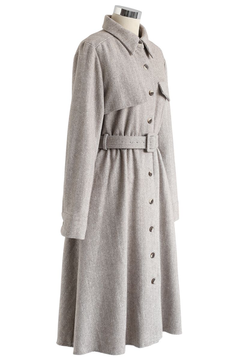 Herringbone Button Down Belted Coat Dress in Sand - Retro, Indie and ...