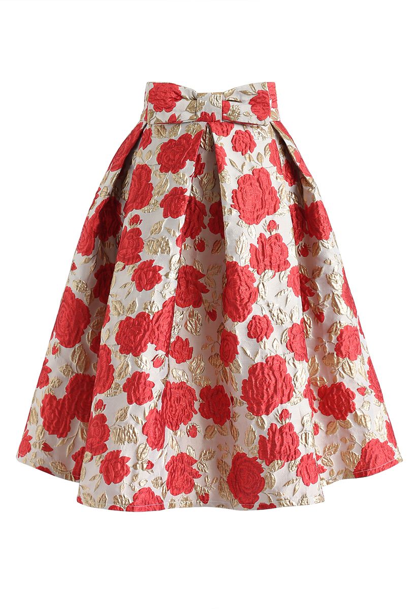 Bowknot Red Floral Jacquard Midi Skirt - Retro, Indie and Unique Fashion