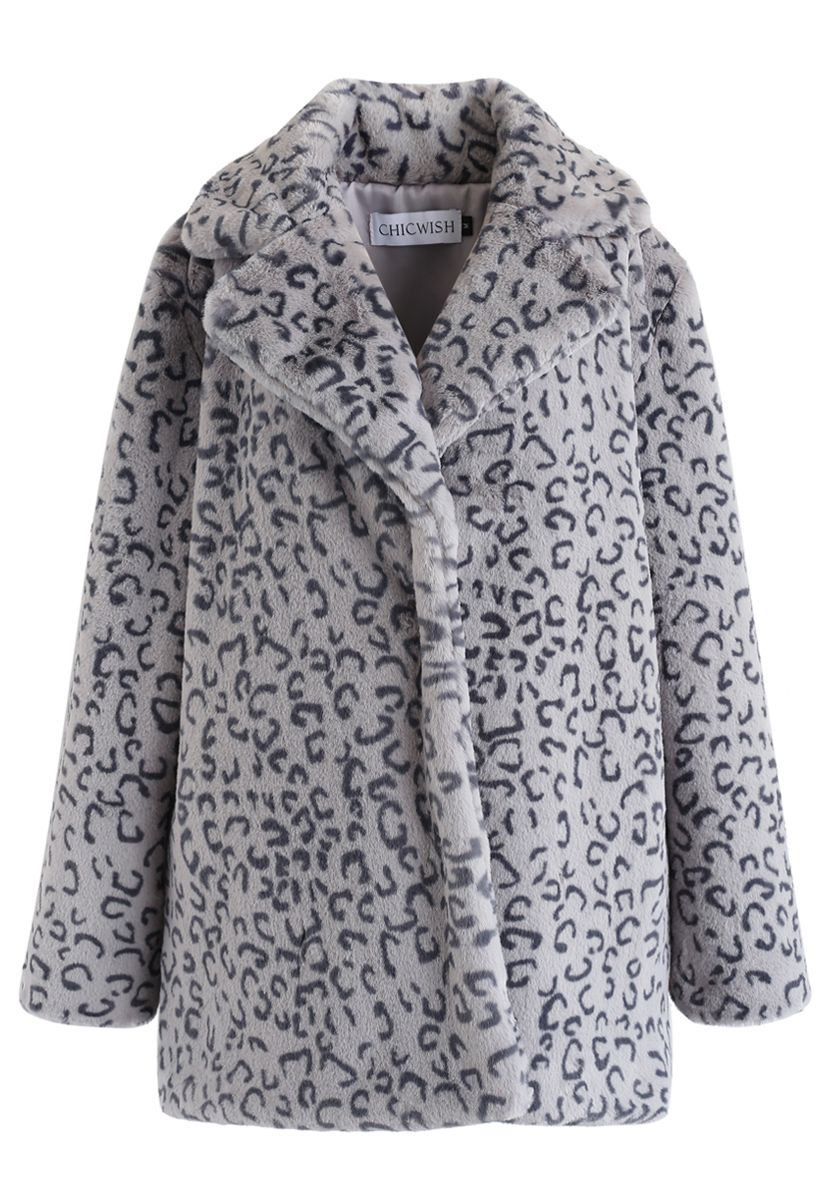 Lucky Brand Leopard Grey Print Faux Fur Jacket Animal Print