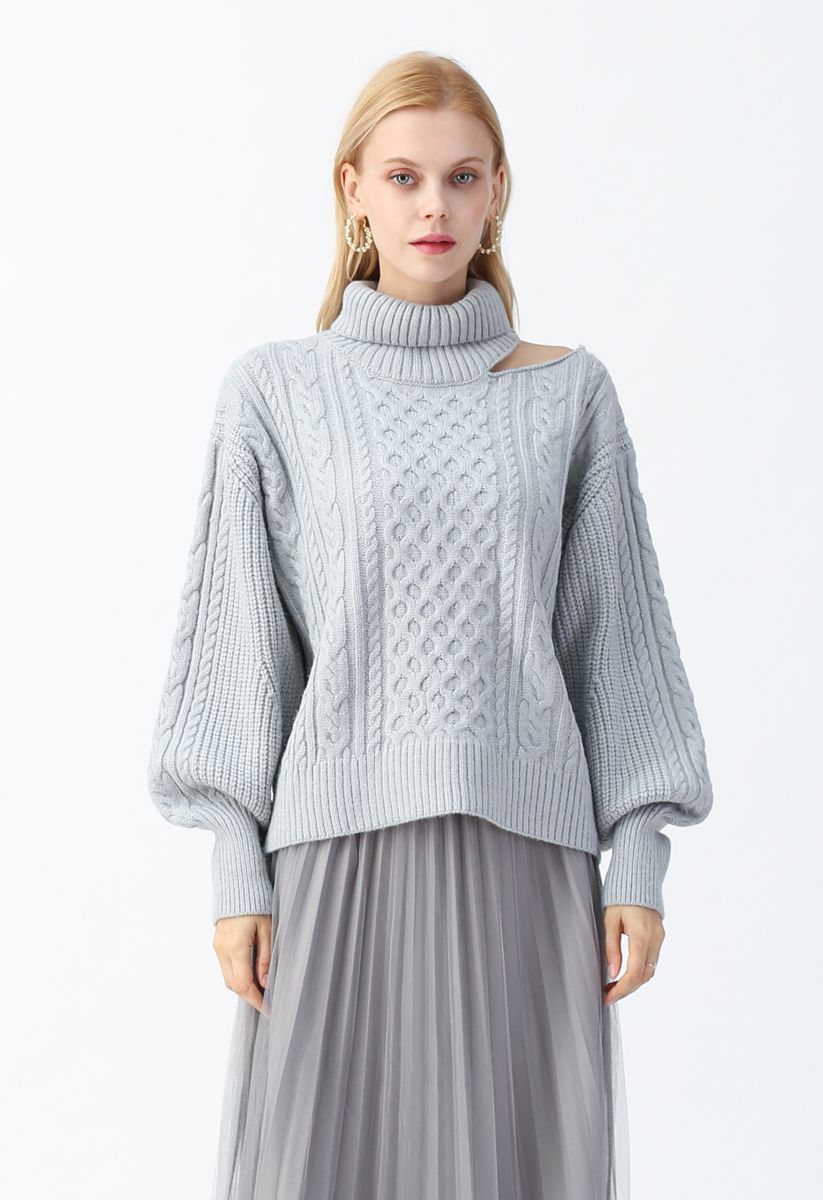 Turtleneck Cutout Puff Sleeves Sweater in Baby Blue