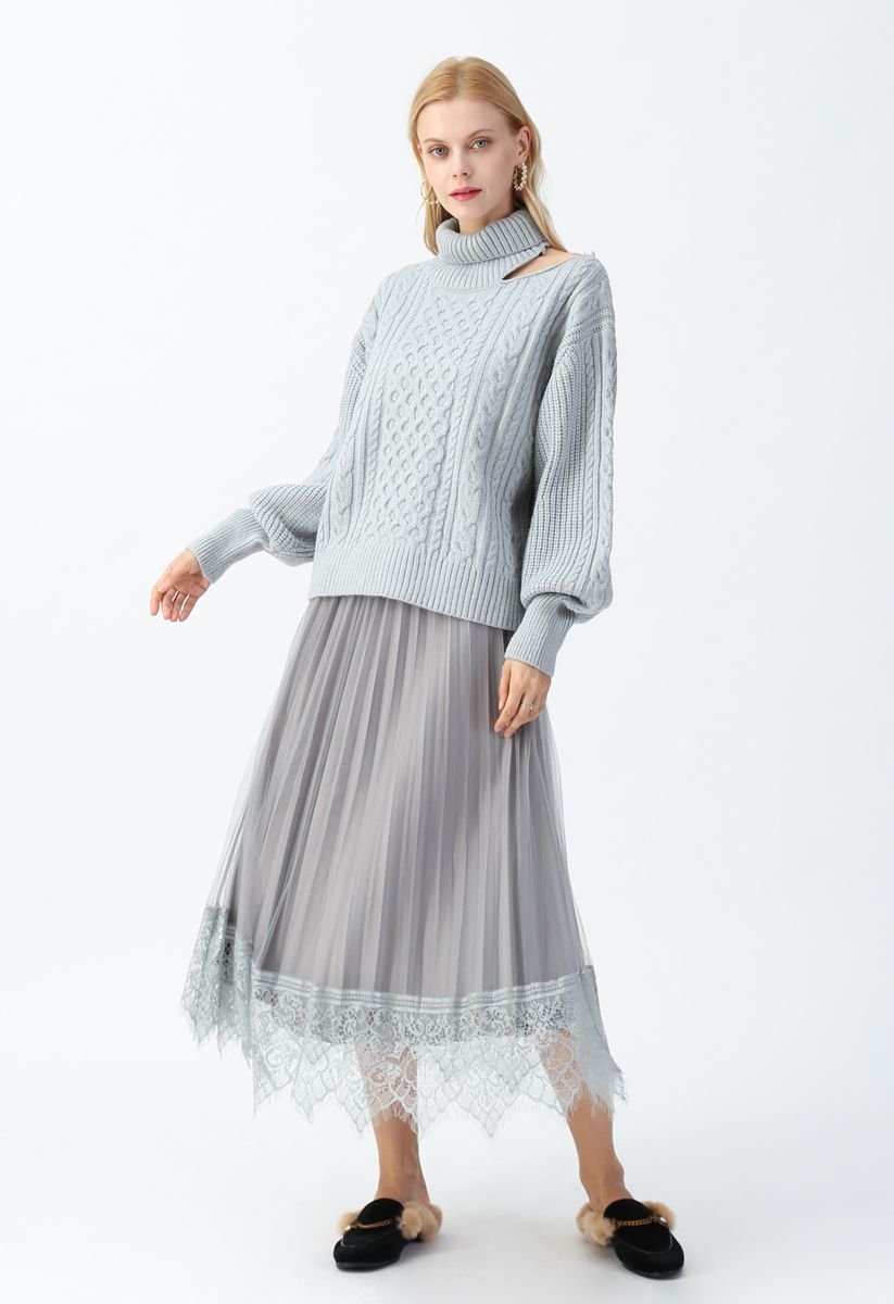 Turtleneck Cutout Puff Sleeves Sweater in Baby Blue - Retro, Indie and ...