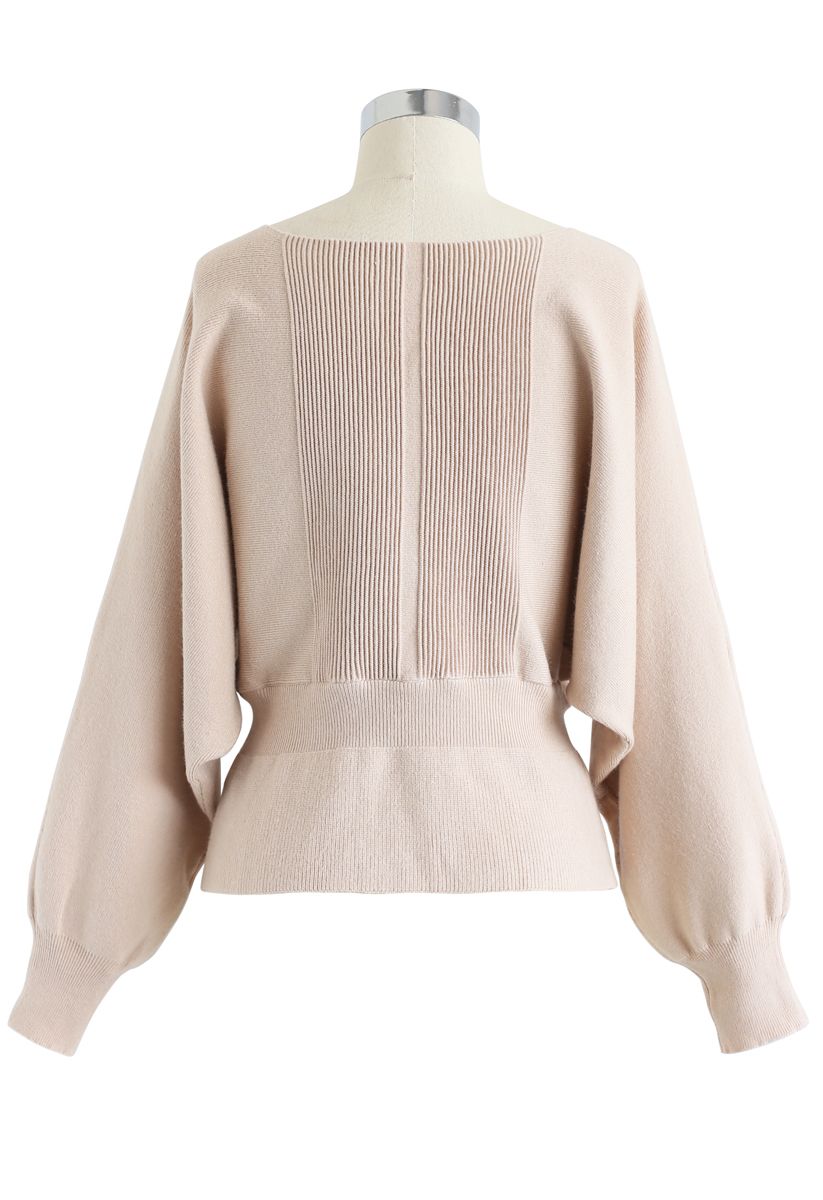 Batwing Sleeves Square Neck Ribbed Knit Top in Light Tan