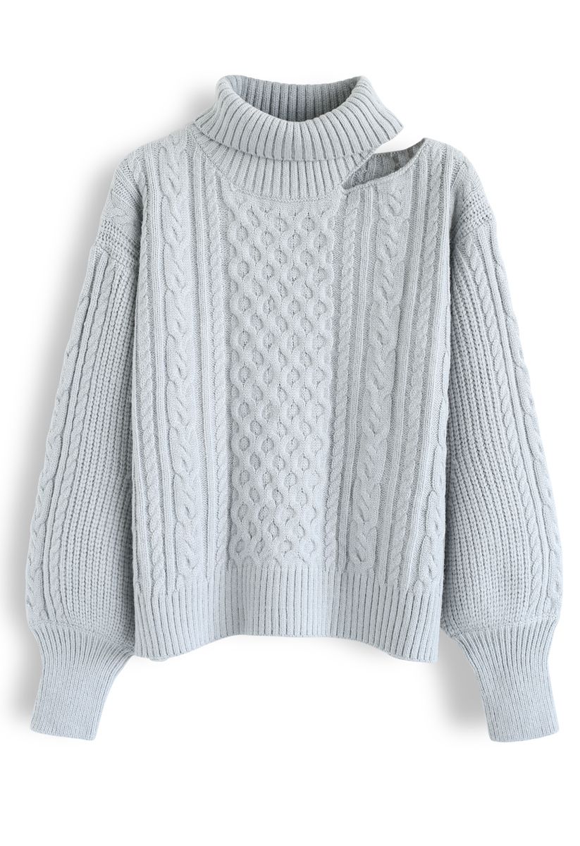 Turtleneck Cutout Puff Sleeves Sweater in Baby Blue