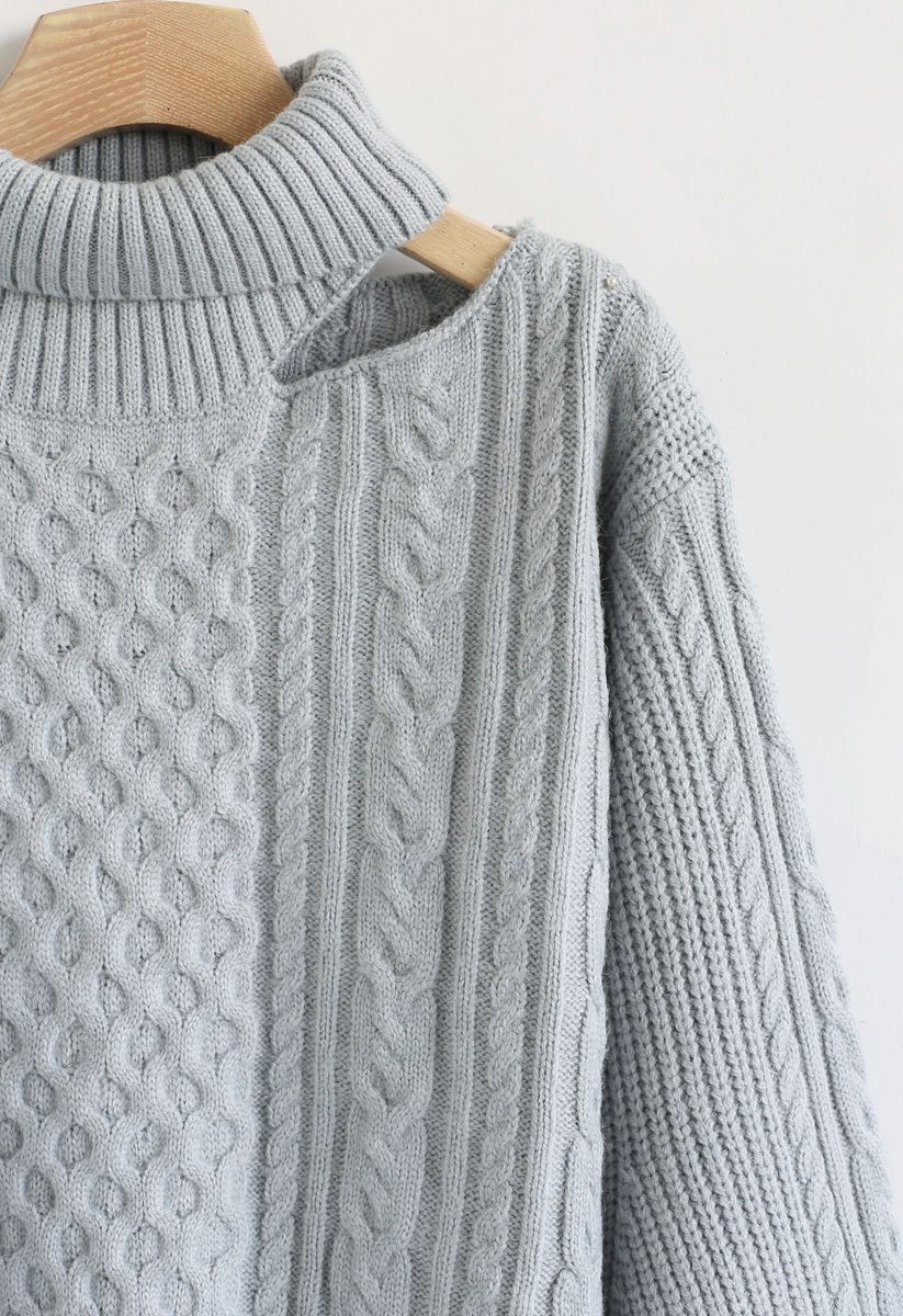 Turtleneck Cutout Puff Sleeves Sweater in Baby Blue