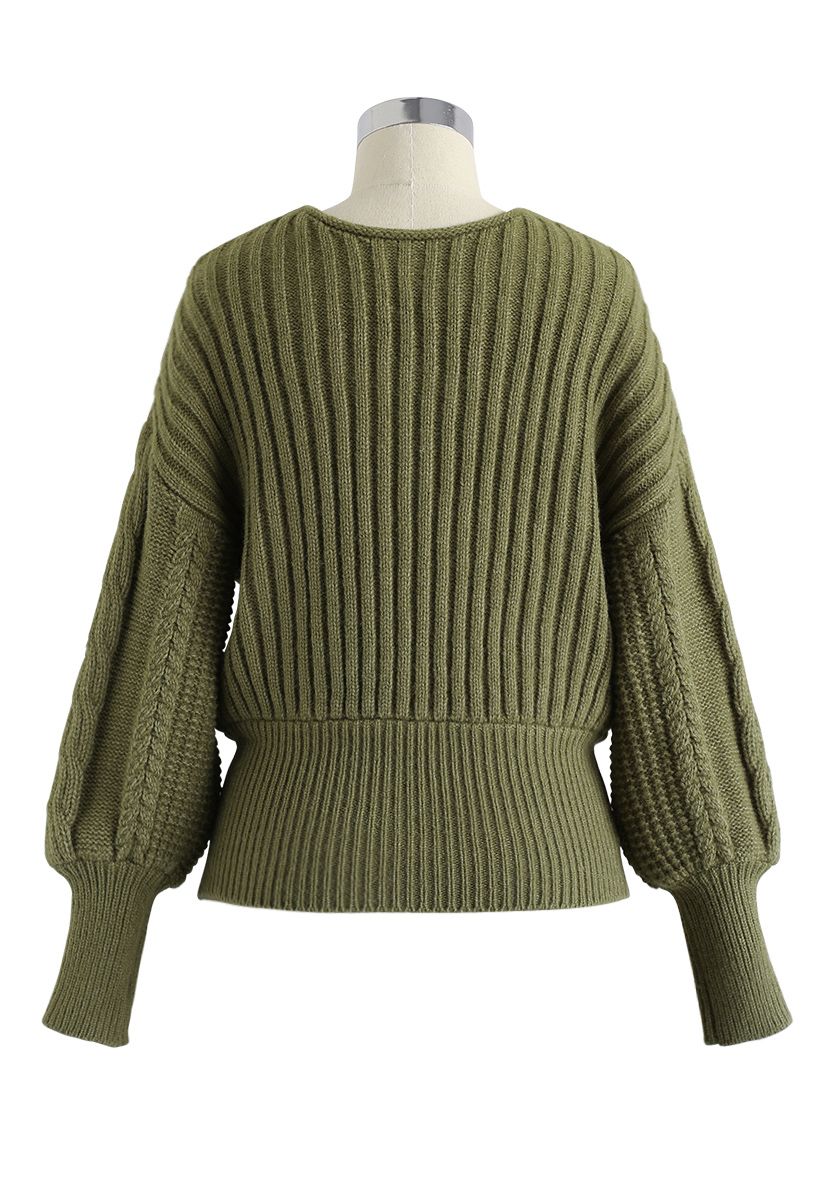 Fluffy Braid Texture Wrap Knit Sweater in Army Green - Retro, Indie and ...
