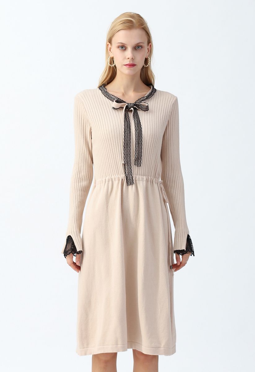Lacy Bowknot Drawstring Knit Dress in Cream - Retro, Indie and Unique ...