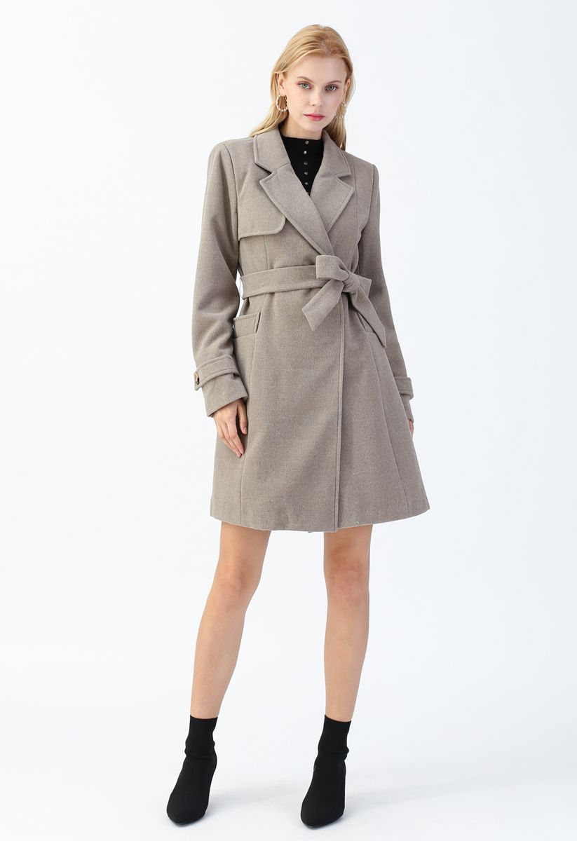 Taupe Belted Flare Coat - Retro, Indie and Unique Fashion