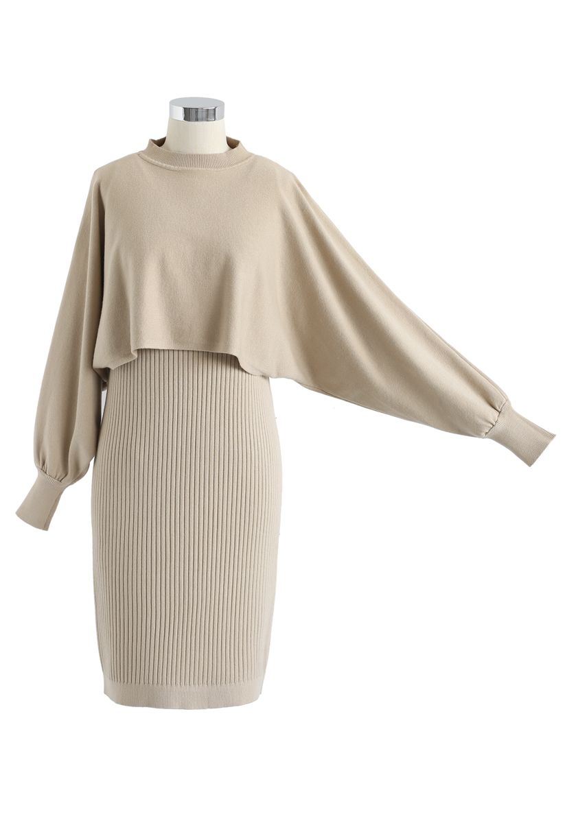 Batwing Sleeves Ribbed Knit Twinset Dress in Light Tan - Retro, Indie ...