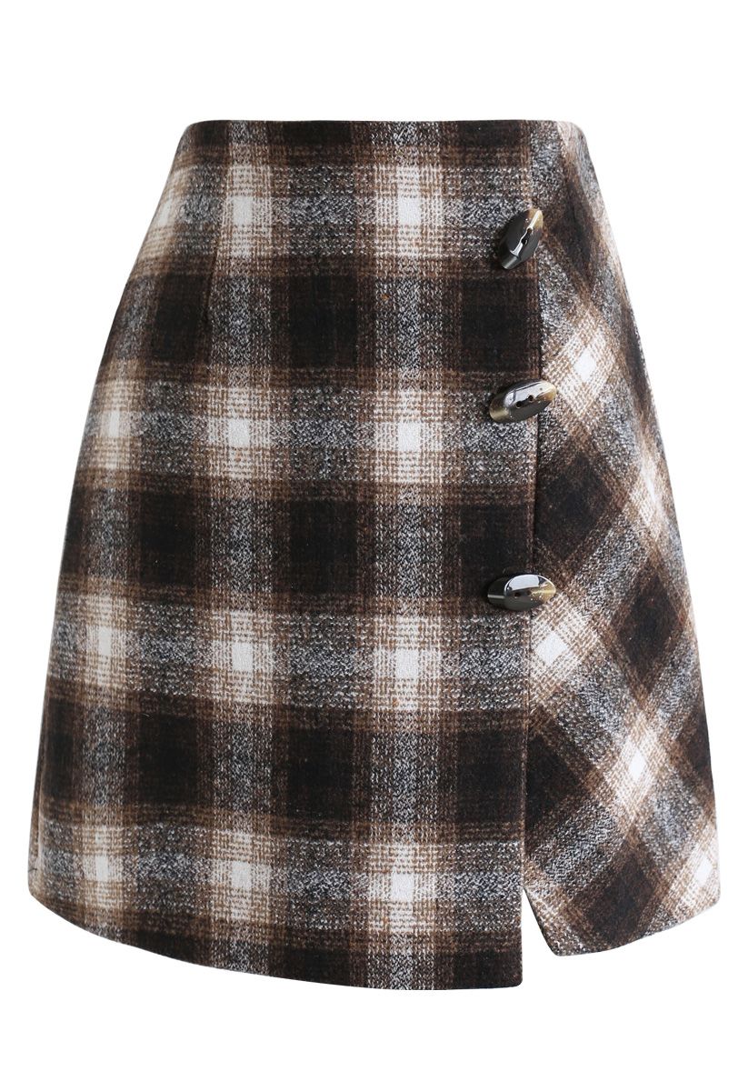 Plaid Button Trim Mini Skirt in Brown