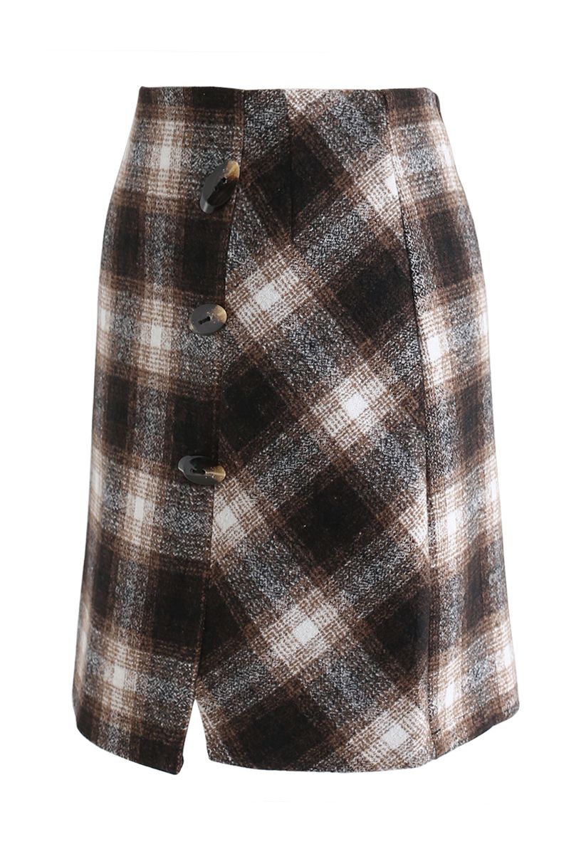 Plaid Button Trim Mini Skirt in Brown