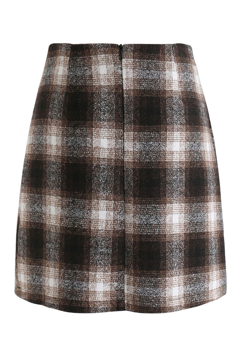 Plaid Button Trim Mini Skirt in Brown