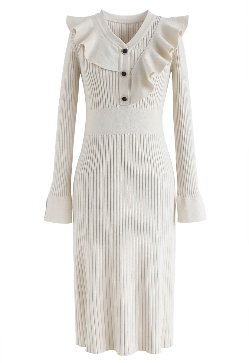 Ruffle Trim V-Neck Ribbed Knit Dress in Cream