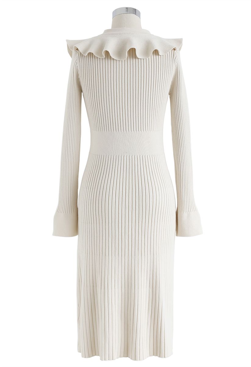 Ruffle Trim V-Neck Ribbed Knit Dress in Cream - Retro, Indie and Unique ...