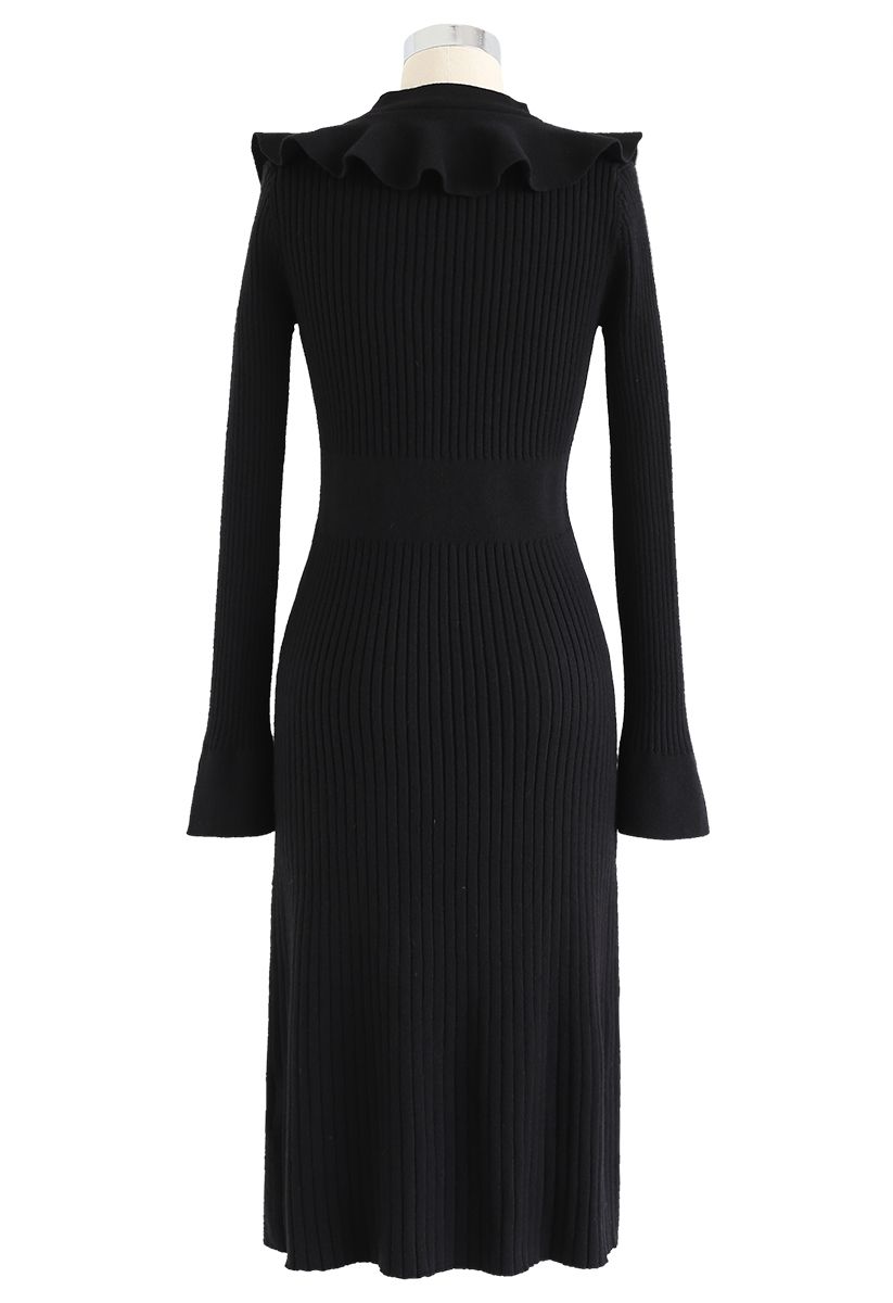 Ruffle Trim V-Neck Ribbed Knit Dress in Black