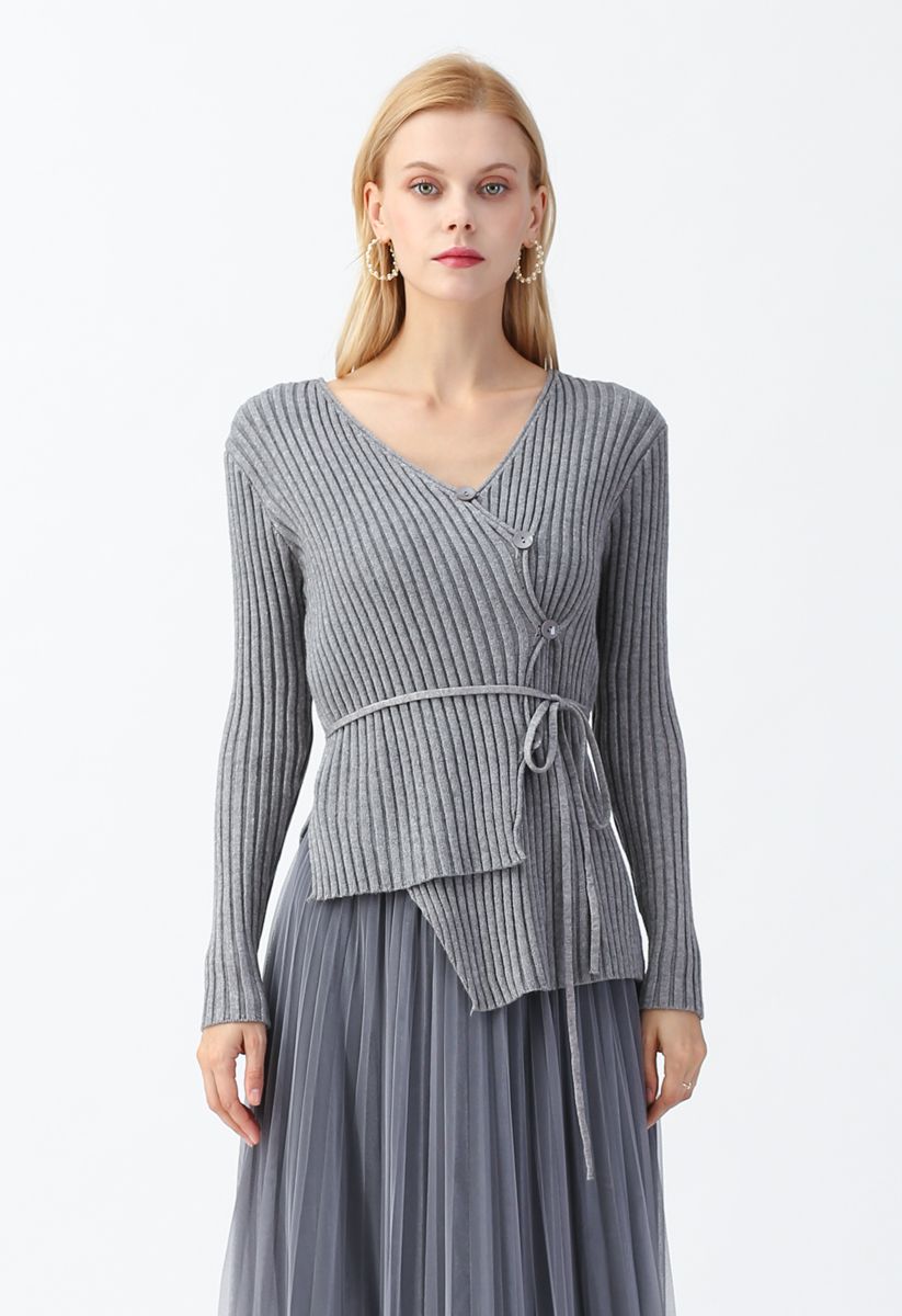 Asymmetric Slant Button Down Knit Top in Grey