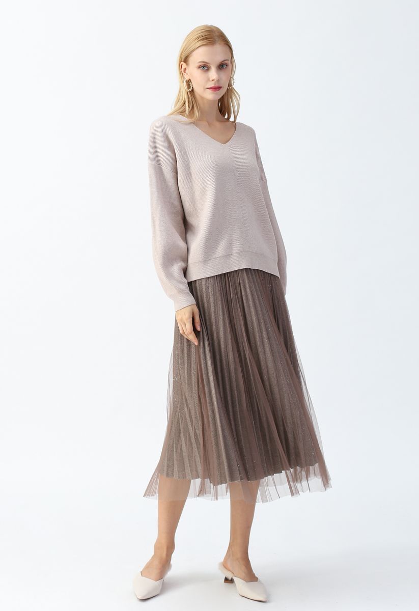 Shimmer Lining Mesh Tulle Pleated Skirt in Brown - Retro, Indie and ...