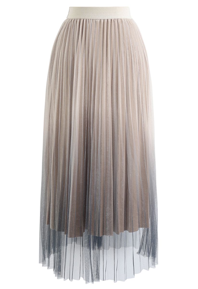 Shimmer Gradient Mesh Tulle Pleated Skirt in Tan - Retro, Indie and ...