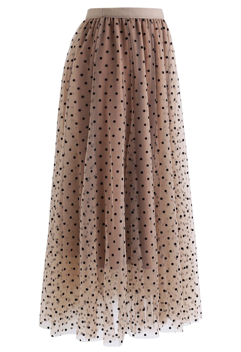 Full Polka Dots Double-Layered Mesh Tulle Skirt in Caramel - Retro ...