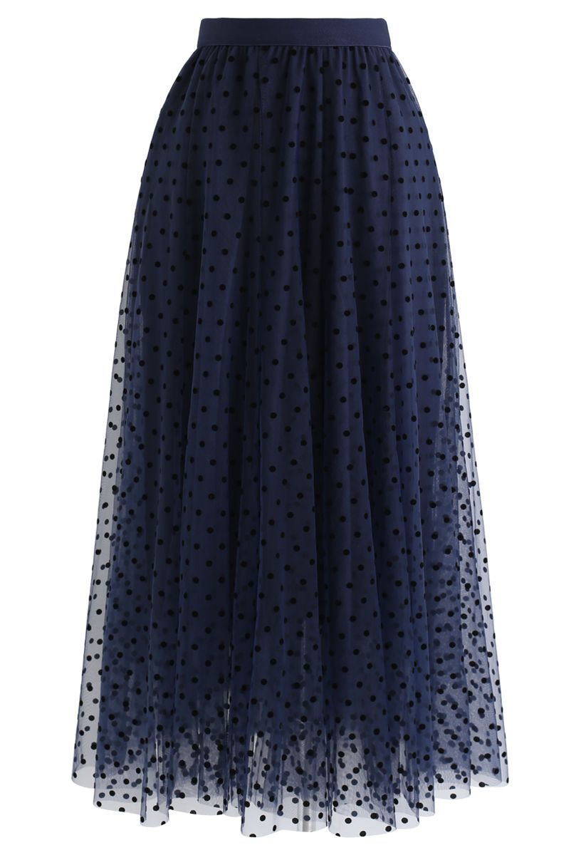 Full Polka Dots Double-Layered Mesh Tulle Skirt in Navy - Retro, Indie ...