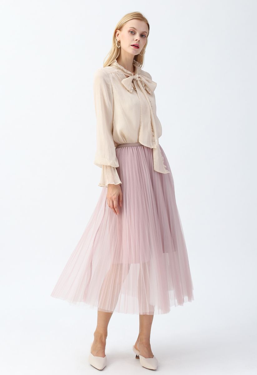 Double-Layered Mesh Tulle Pleated Skirt in Pink - Retro, Indie and ...