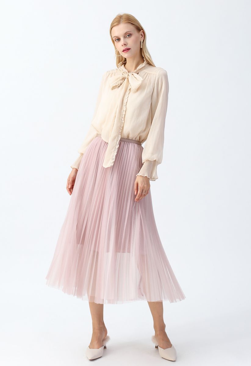 Double-Layered Mesh Tulle Pleated Skirt in Pink