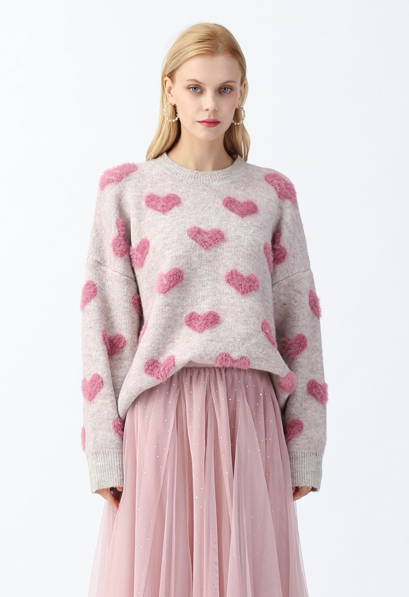 Buy CORIRESHA Women's Casual Crewnck Comfy Fuzzy Hearts Knit Sweater  Pullover Sweatershirt at