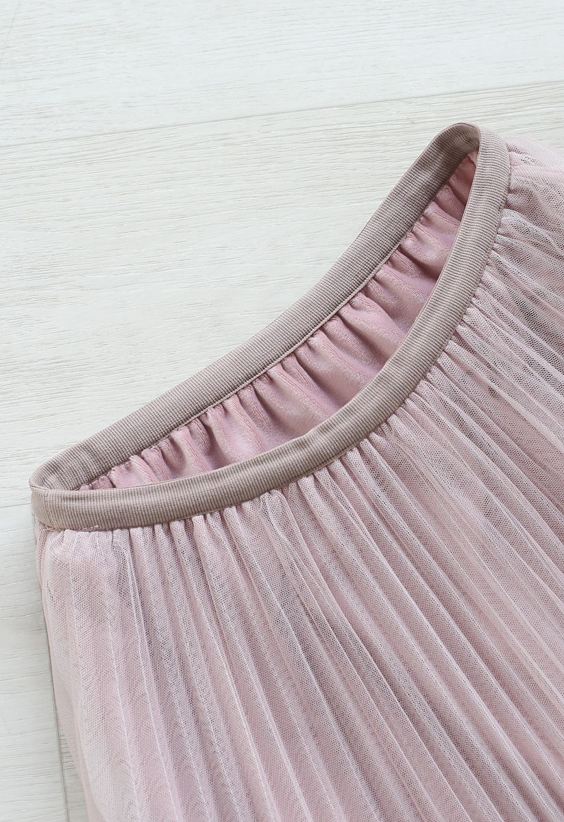 Double-Layered Mesh Tulle Pleated Skirt in Pink