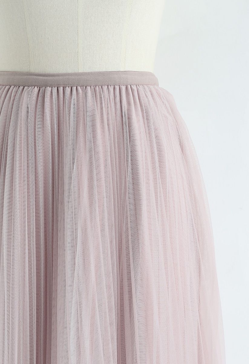 Double-Layered Mesh Tulle Pleated Skirt in Pink