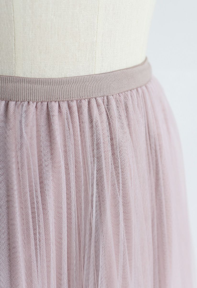 Double-Layered Mesh Tulle Pleated Skirt in Pink