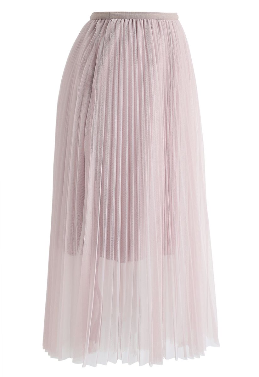 Double-Layered Mesh Tulle Pleated Skirt in Pink