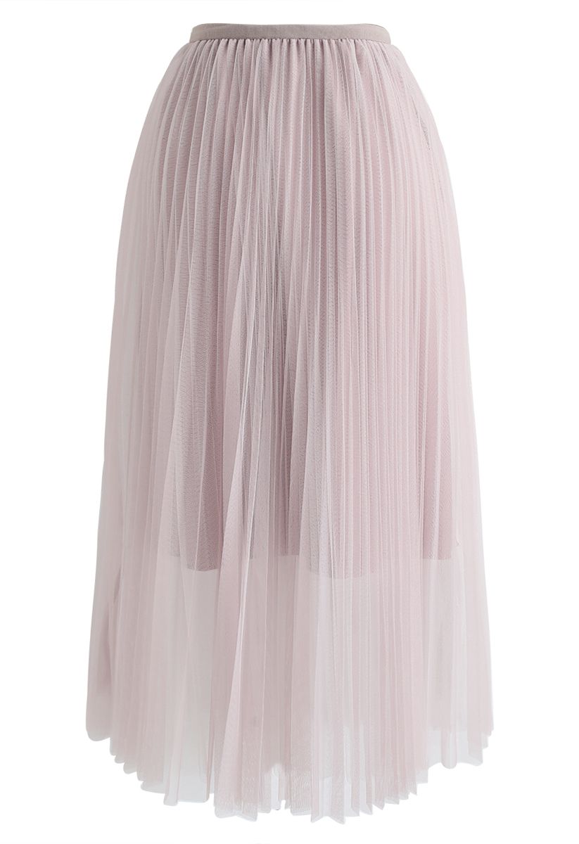 Double-Layered Mesh Tulle Pleated Skirt in Pink